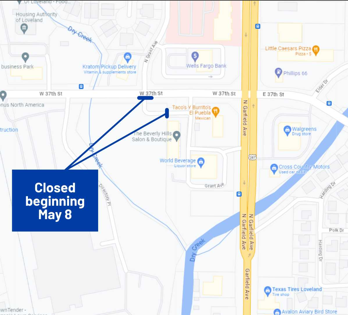 Photo showing map of Loveland intersection with markers showing closure.