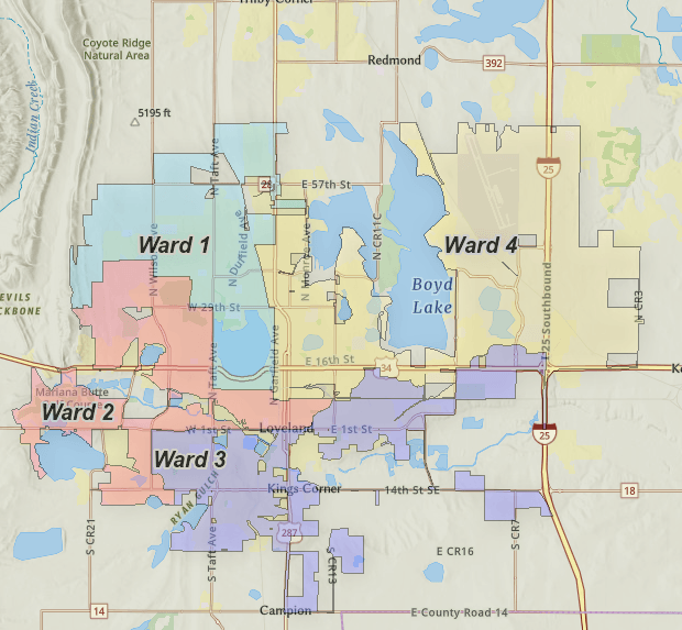 A map of Loveland showing the City divided into four boundaries.